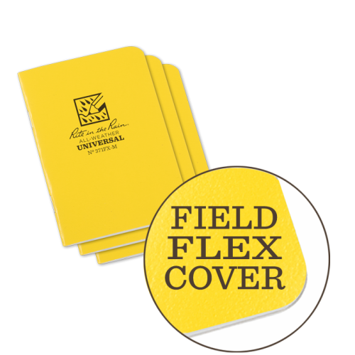 RITR yellow notebooks with field flex cover label on a white background