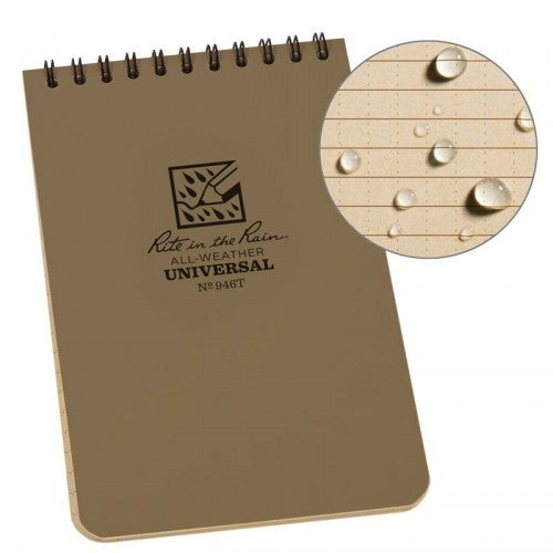 pocket waterproof notebook in tan with close up of waterproof pages on a white background