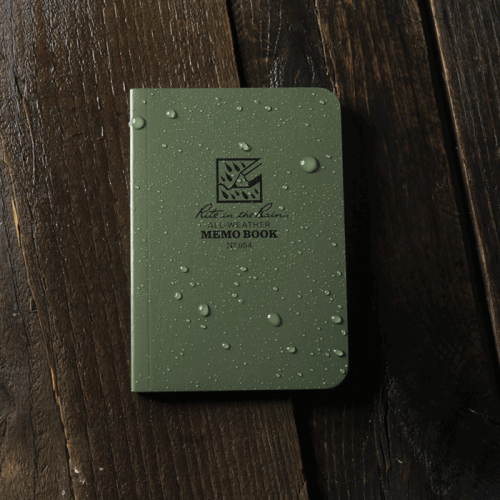 RITR tactical memo book placed on a wooden background with water droplets on the cover