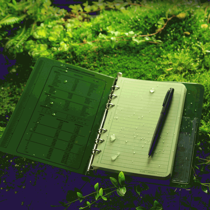 RITR waterproof notebook in binder placed on a grass background